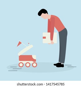Vector illustration with man puts box in the delivery robot. Modern robotic express delivery service. Artificial intelligence. Design for websites, print, presentation.