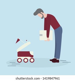 Vector illustration with man puts box in the delivery robot. Modern robotic express delivery service. Artificial intelligence. Design for websites, print, presentation.