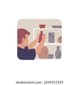 Vector illustration of a man putting a clay vessel on a shelf with other items. Close-up character in a square frame. Making ceramic dishes. Flat cartoon style. Pottery workshop.