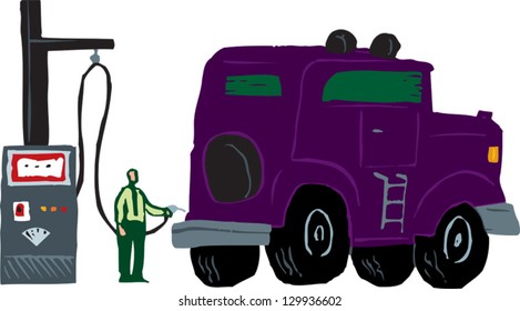 Vector illustration of man putting gas into giant gas guzzler SUV