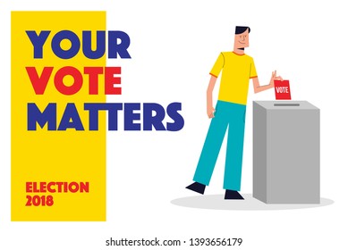 Vector Illustration of a Man putting his vote into ballot box. Democracy Freedom Concept. Voting for Election. Voter Putting Ballot Into Voting box. Your Vote Matters Banner