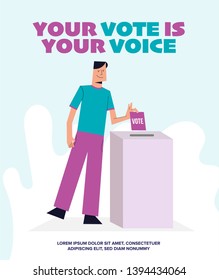 Vector Illustration of a Man putting his vote into ballot box. Democracy Freedom Concept. Voting for Election. Voter Putting Ballot Into Voting box. Your Vote is your Voice Poster