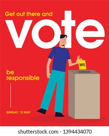 Vector Illustration of a Man putting his vote into ballot box. Democracy Freedom Concept. Voting for Election. Voter Putting Ballot Into Voting box. Get Out there and Vote Poster