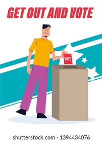 Vector Illustration of a Man putting his vote into ballot box. Democracy Freedom Concept. Voting for Election. Voter Putting Ballot Into Voting box. Get Out and Vote Poster