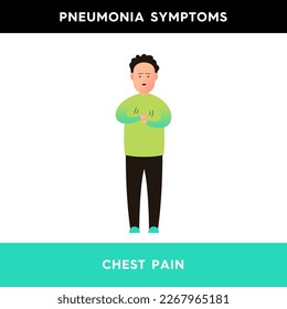 Vector illustration of a man putting his hands to his chest. A person with symptoms of pneumonia suffers from chest pains. Pneumonia symptoms. Illustration for medical articles, posters, stands. 