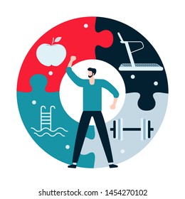 Vector illustration with man, puzzle, dumbbell, pool, treadmill. Sport. Fitness. Workout for wellness, activity. Healthy lifestyle. Design for app, websites, print, presentation.