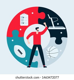 Vector illustration with man, puzzle, treadmill, basketball ball, american football ball, checklist. Sport. Workout for wellness, activity. Healthy lifestyle. Design for app, websites, print