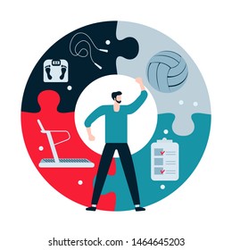 Vector illustration with man, puzzle, treadmill, jump rope, scales, volleyball, checklist. Sport. Workout for wellness, activity. Healthy lifestyle. Design for app, websites, print
