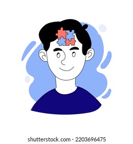 Ilustración vectorial del hombre con puzzles en la cabeza. Positivo, hacer planes, resolver problemas, acertijo, rompecabezas, salud mental, psicoterapia, psicología. Pensar en el concepto. Colores azul y rosa pastel