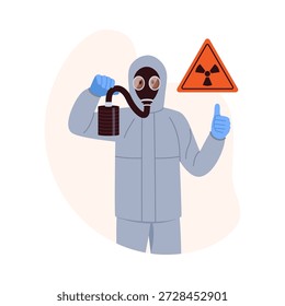 Ilustración vectorial de un hombre con un traje protector contra la radiación. Escena de la historieta de un hombre en una máscara del respirador, uniforme protector gris, guantes azules, señal de peligro de la radiación aislada en el fondo blanco.
