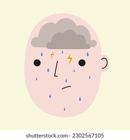 Vector illustration with man, rainy clouds in his head and sad emotion face. Mental health, depression, bad mindset concept art, psychology help card template