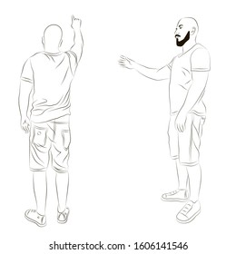 
Vector illustration of a man with a raised hand. Isolated image of a man looking from the back and side. A sketch of a standing person.