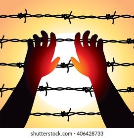 vector illustration of man raised hands over barbed wire prison boundary