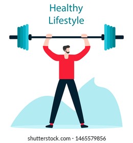 Vector illustration with man raises barbell. Sport. Fitness application. Workout for wellness, activity. Healthy lifestyle. Design for app, websites, print, presentation.
