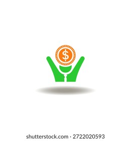 Ilustração vetorial de homem levantando braços para moeda de dinheiro sobre a cabeça. Símbolo de sucesso financeiro, prosperidade e celebração de renda.