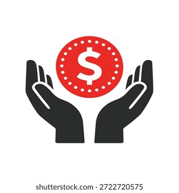 Ilustração vetorial de homem levantando braços para moeda de dinheiro sobre a cabeça. Símbolo do sucesso financeiro, da prosperidade e da celebração do rendimento