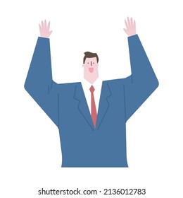 Vector illustration of a man raising his hand and expressing joy.