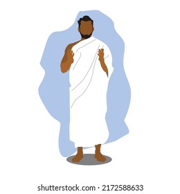 Vector illustration of a man raising his hands to pray while wearing "ihram", a special cloth worn during Islamic pilgrimage of "hajj" or "haji" and "umra" or "umrah" to Mecca and Medina.