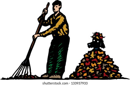 Vector illustration of man raking leaves