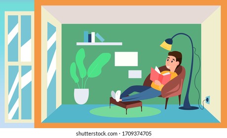 Vector illustration of the man reading book during corona virus quarantine