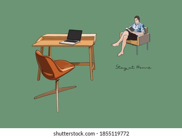 Vector Illustration of Man Reading Book on Chair, Work Station, Home Office, Stay at Home