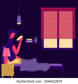 Imagen vectorial de un hombre leyendo un libro en su habitación.
actividad durante covid 19.