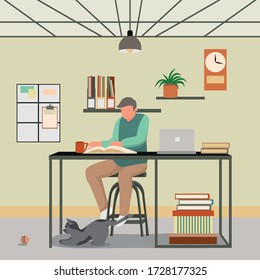 Vector illustration of a man reading in a favorite workspace suitable for backgrounds, wallpapers, book covers, websites, ui, ux, web design. Flat Cartoon Illustration.