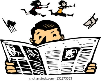 Vector illustration of man reading newspaper with noisy family behind
