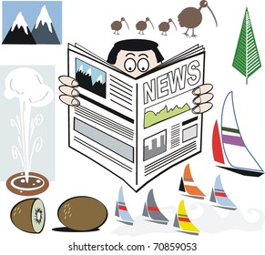 Vector illustration of man reading newspaper promoting New Zealand, with kiwi icons in background.