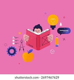 Vector illustration with man reading open book surrounded by education related icons. Cartoon flat concept for learning, knowledge, and studying process. Back to school creative illustration.