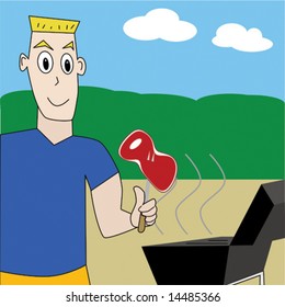Vector illustration of a man ready to cook a steak on the barbecue grill