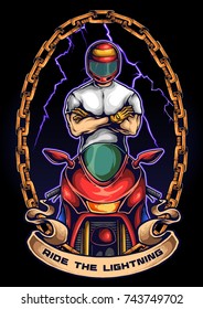 Vector illustration of man ready on the sport bike for the race with lightning background
