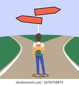 Ilustración vectorial de un hombre vista trasera de pie en una encrucijada, que representa decisiones de carrera, opciones de vida o conceptos de estrategia empresarial