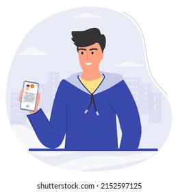 Ilustración vectorial Man recibe el resultado de la prueba PCR de coronavirus en la pantalla del teléfono celular. Pasado verde en pasaporte de salud frío. Viajes seguros. Servicio de supervisión de App Healthcare