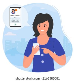 Vector illustration Man receives the result of PCR test from coronavirus on cell phone screen. Green pass in covid health passport. Safe travel. App Healthcare monitoring service