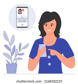 Ilustración vectorial Man recibe el resultado de la prueba PCR de coronavirus en la pantalla del teléfono celular. Pasado verde en pasaporte de salud frío. Viajes seguros. Servicio de supervisión de App Healthcare