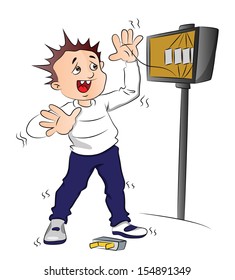 Vector illustration of man receiving an electric shock after short circuit in fuse box.