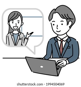 Vector illustration of a man receiving an online explanation from a female instructor
