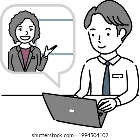 Vector illustration of a man receiving an online explanation from a foreign female instructor
