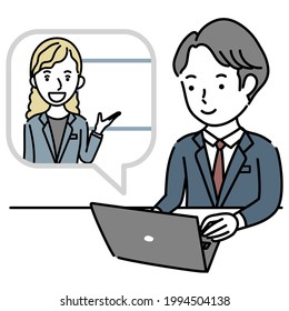 Vector illustration of a man receiving an online explanation from a foreign female instructor
