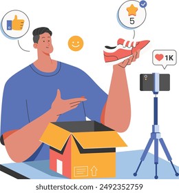 Vector illustration of man recording an unboxing video of package of shoes he bought as a product review or proof that the purchased product has been received.