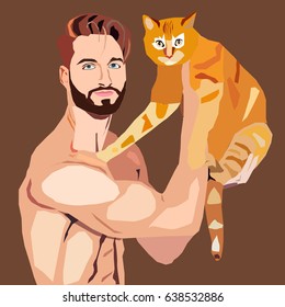 Vector illustration man with red cat.