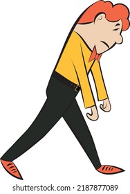 
Vector Illustration Of A Man With Red Hair. A Man Walks With His Head Down And His Hands Down. He Is Wearing A Bright Yellow Shirt, Trousers Belted With A Belt, A Bow Tie Around His Neck.