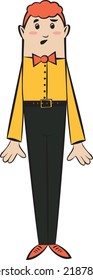 
Vector illustration of a man with red hair. The man is straight, turned to face the viewer.  He is dressed in a bright yellow shirt, trousers belted with a belt, a bow tie around his neck.