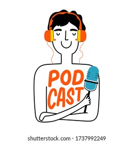 Vector illustration with man in red headphones and blue microphone in doodle style logo design. Emblem application template with lettering word Podcast. Typography poster for online radio