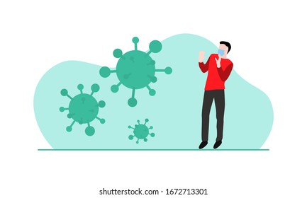 Vector illustration of man in red shirt and surgical mask with hands raised in fear, afraid of coronavirus. Three green viruses or germs are against a lighter background which is isolated on white.
