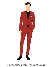 Ilustración vectorial de un hombre con traje rojo y zapatos clásicos. Traje para eventos formales