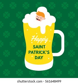 Vector illustration of man relaxing inside foamy head of a beer mug with the message celebrating Saint Patrick's Day written on top. There is a pattern of green four leaf clovers in the background.