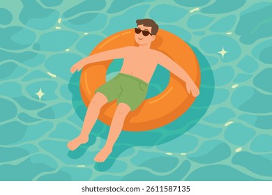 Vector illustration of a man relaxing in a pool on inflatable ring with sunglasses and smile.