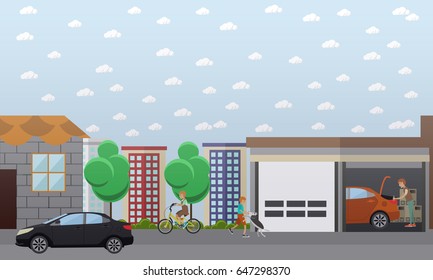 Vector illustration of man repairing car or carrying out car check in garage, kids riding bicycle and walking dog. Home garage flat style design element.